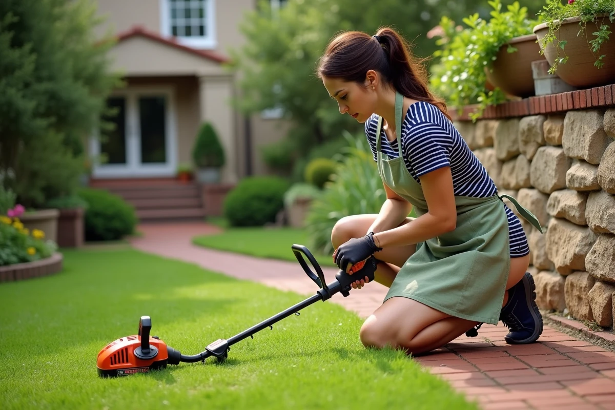 Femme inspectant la bordure de pelouse proprement taillée par le coupe bordure Black & Decker GLC3630L20 dans un jardin en brique
