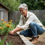 Femme en lin plantant des fleurs dans le jardin