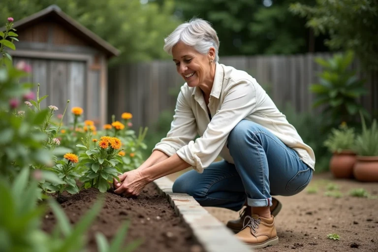 Femme en lin plantant des fleurs dans le jardin