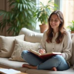 Femme assise sur un canapé en train de journaliser à la maison