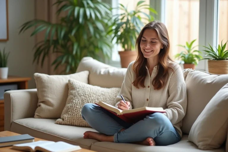 Femme assise sur un canapé en train de journaliser à la maison