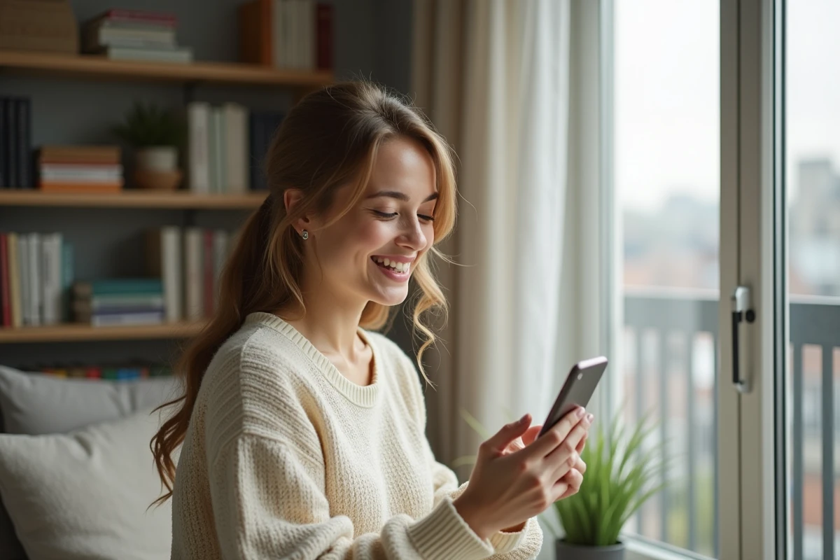 Femme souriant en lisant un message touchant sur son téléphone chez elle près d'une fenêtre