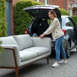 Jeune femme chargeant un canapé dans une voiture en banlieue