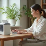 Femme utilisant un mini rafraîchisseur d'air Silvercrest posé sur un bureau en bois dans un bureau à domicile