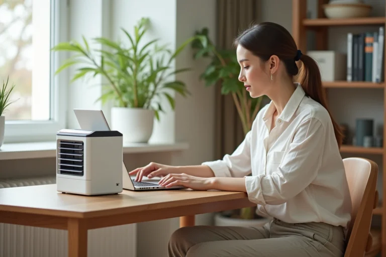 Femme utilisant un mini rafraîchisseur d'air Silvercrest posé sur un bureau en bois dans un bureau à domicile