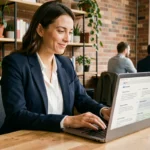 Femme consultant des offres d'emploi sur un ordinateur portable dans un espace de coworking moderne