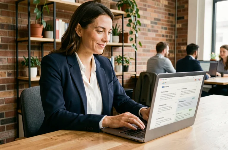 Femme consultant des offres d'emploi sur un ordinateur portable dans un espace de coworking moderne
