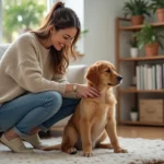 Femme caressant un chiot retriever dans un salon chaleureux