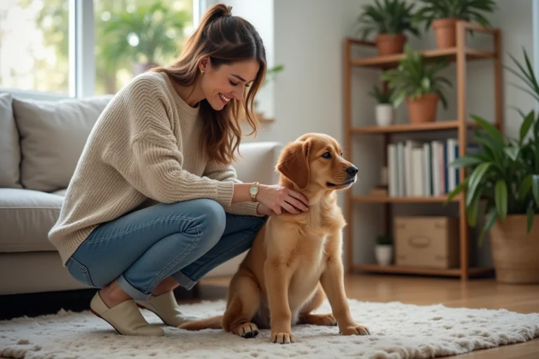 Femme caressant un chiot retriever dans un salon chaleureux