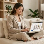 Femme tendance en blazer beige parcourant un site de mode en ligne sur un ordinateur portable dans un salon moderne et épuré