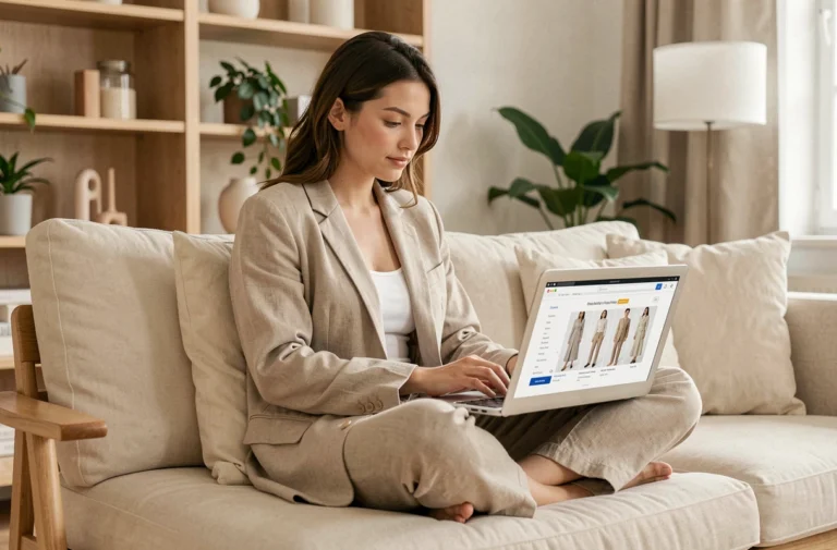 Femme tendance en blazer beige parcourant un site de mode en ligne sur un ordinateur portable dans un salon moderne et épuré