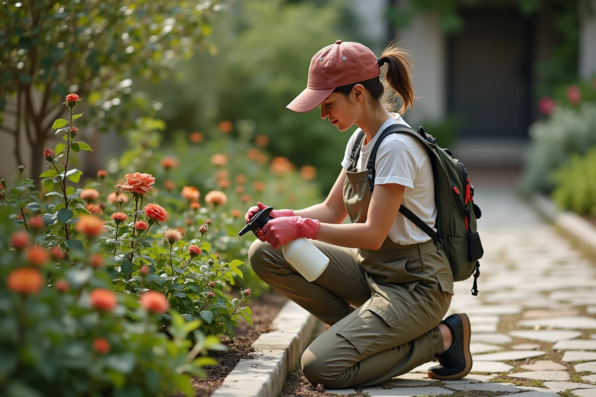 Jeune femme pulvérisant un traitement sur des lauriers roses
