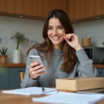 Femme souriante tenant smartphone et colis dans la cuisine