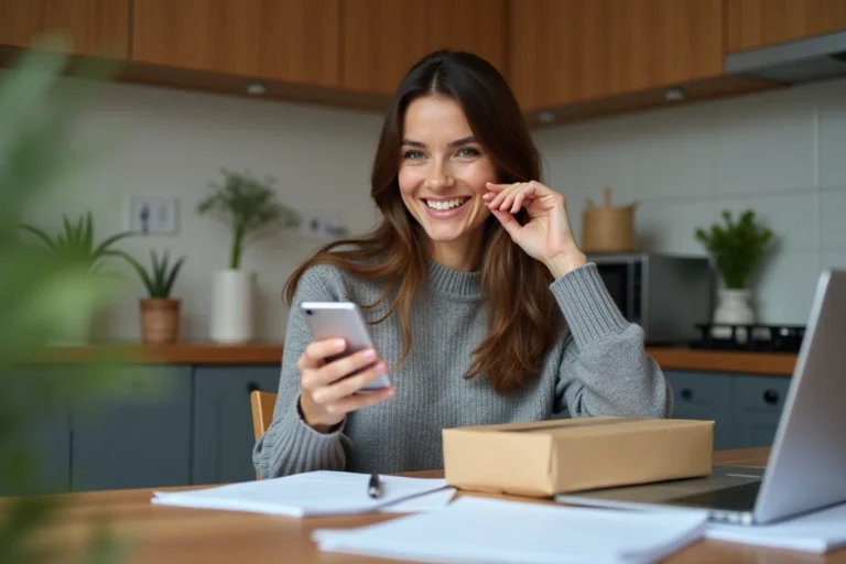 Femme souriante tenant smartphone et colis dans la cuisine