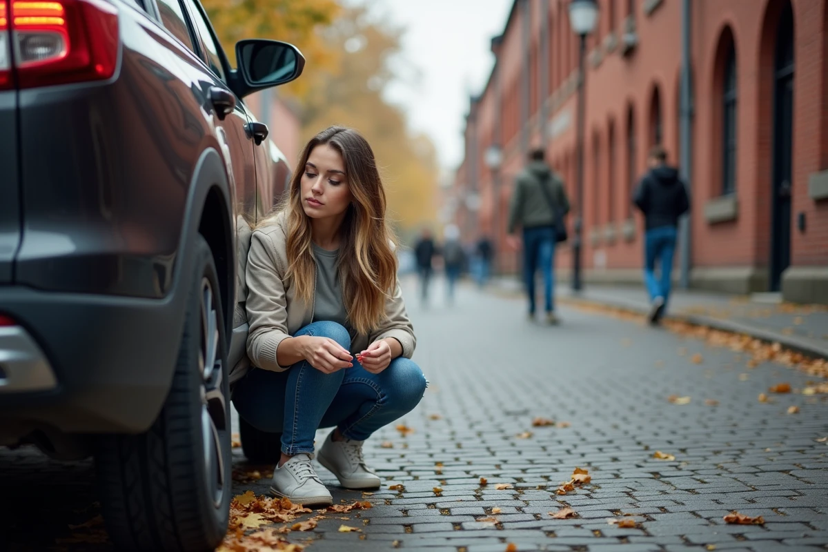 Jeune femme examinant le pneu de sa voiture en ville