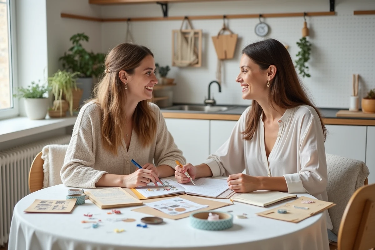 Deux femmes faisant du scrapbooking ensemble à une table avec des fournitures créatives DIY colorées