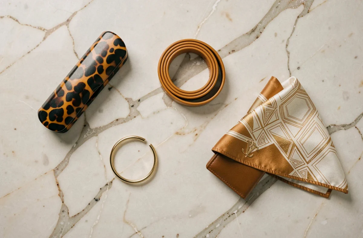 Flat lay élégant d'accessoires de mode soigneusement disposés sur une surface en marbre incluant lunettes, ceinture en cuir, bracelet doré et portefeuille monogrammé