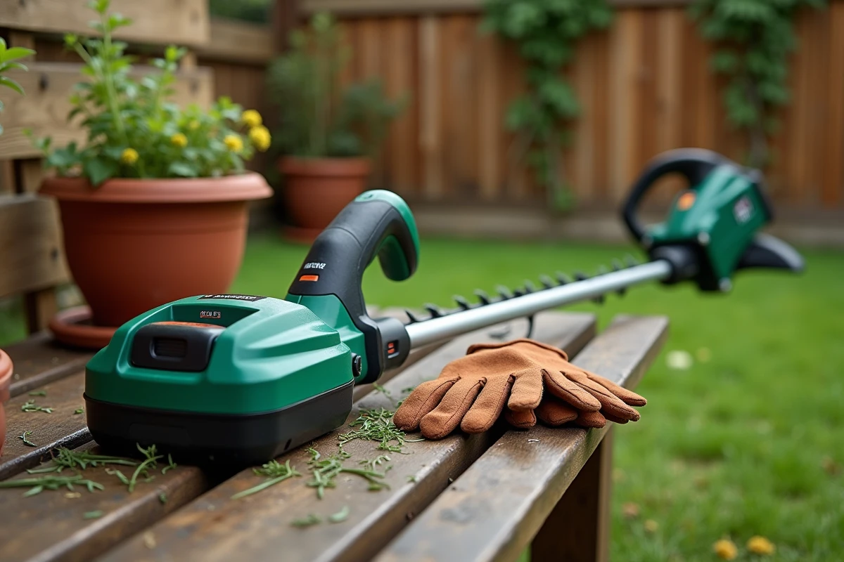 Gros plan du coupe bordure sans fil Black & Decker GLC3630L20 posé sur un banc en bois avec des gants de jardinage dans un jardin