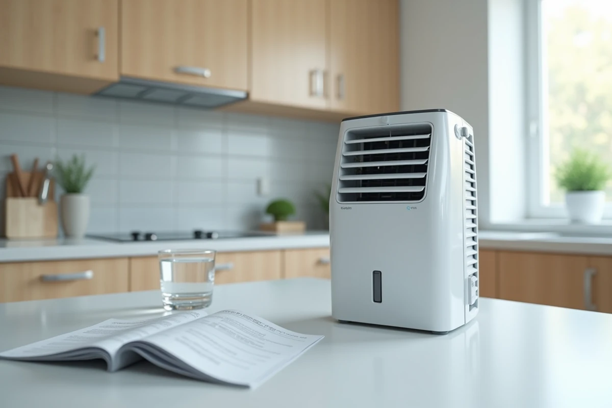 Gros plan sur un mini rafraîchisseur d'air Silvercrest posé sur un plan de travail de cuisine avec son réservoir d'eau visible