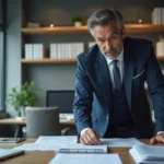 Homme d'affaires français en costume dans un bureau moderne