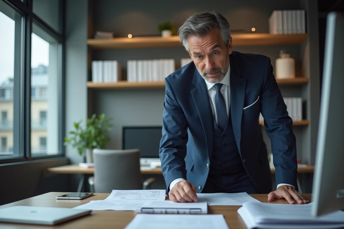 Homme d'affaires français en costume dans un bureau moderne