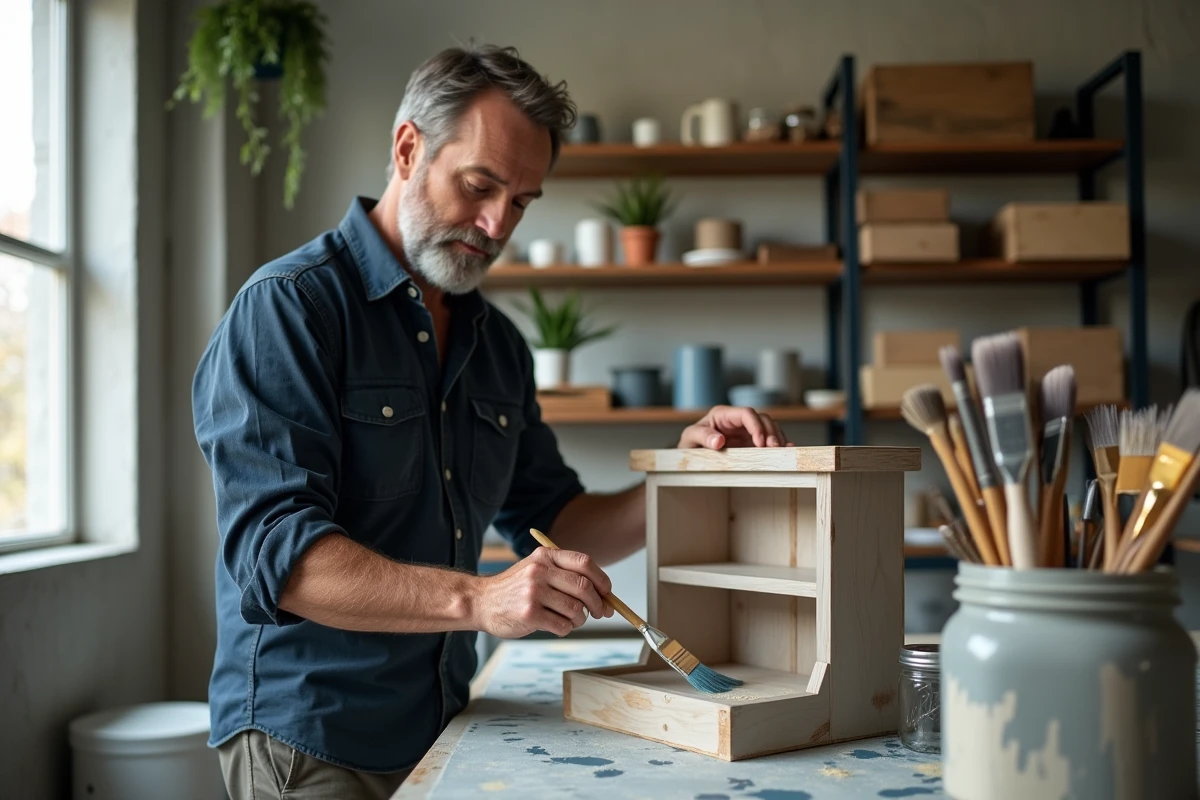 Homme peignant un meuble en bois recyclé dans un atelier de bricolage urbain avec des outils de peinture