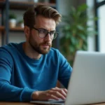 Homme concentré travaillant sur son ordinateur dans un bureau cosy