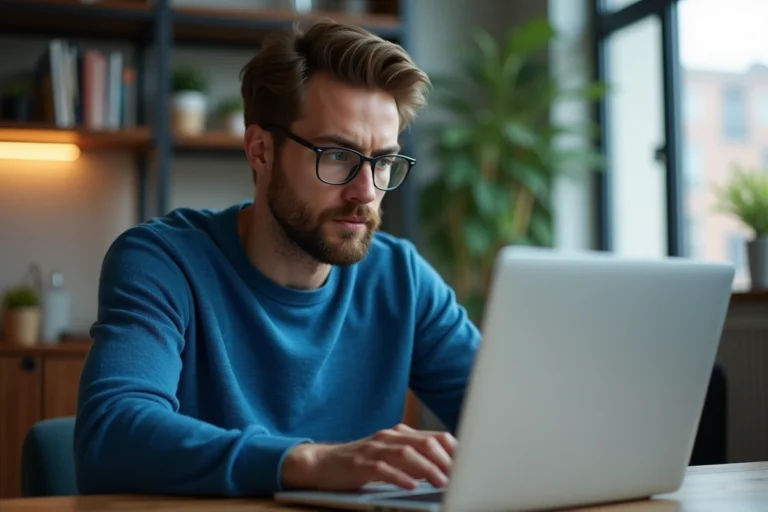 Homme concentré travaillant sur son ordinateur dans un bureau cosy