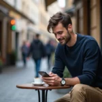 Homme assis dans un café européen en pleine rue