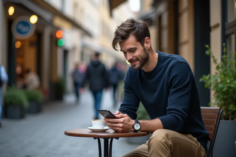 Homme assis dans un café européen en pleine rue