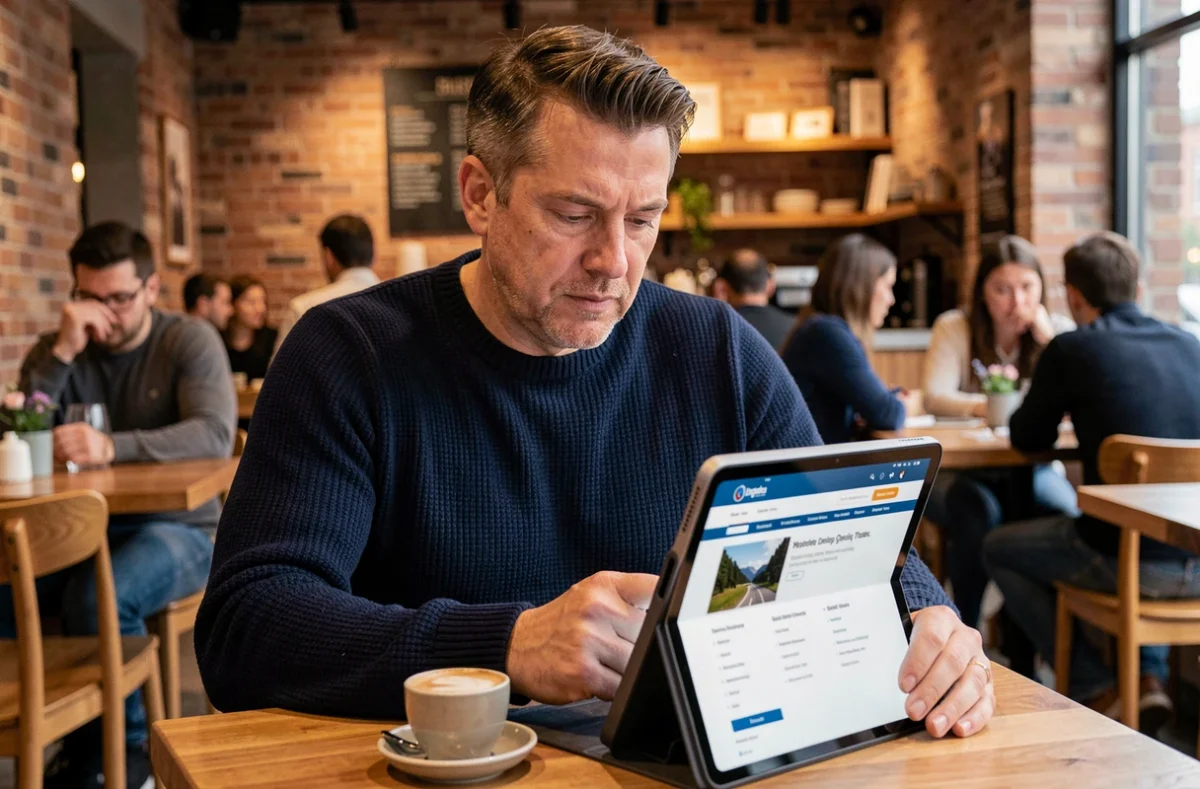 Homme consultant la carte du site Pop Voyages sur une tablette dans un café moderne