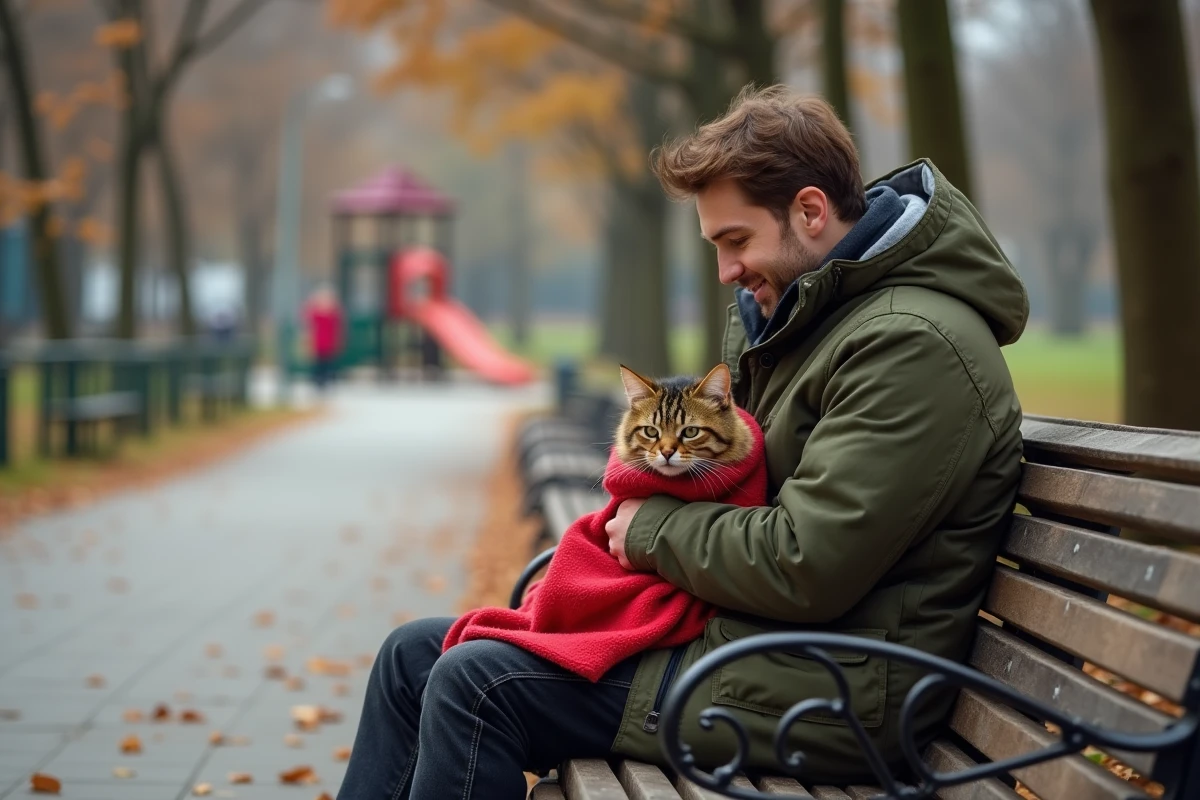 Jeune homme avec chat dans un parc en automne