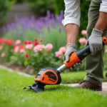 Homme utilisant le coupe bordure Black & Decker GLC3630L20 pour tailler les bords d'une pelouse bien entretenue dans un jardin fleuri