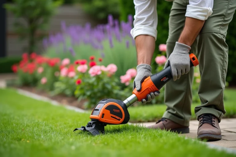 Homme utilisant le coupe bordure Black & Decker GLC3630L20 pour tailler les bords d'une pelouse bien entretenue dans un jardin fleuri