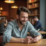 Homme souriant qui envoie un message 'je pense à toi' sur son téléphone dans un café chaleureux