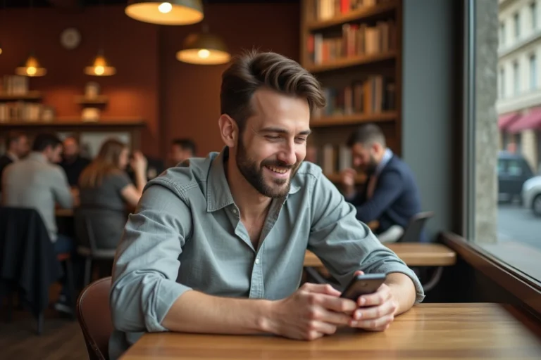 Homme souriant qui envoie un message 'je pense à toi' sur son téléphone dans un café chaleureux