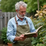 Homme examinant des feuilles de laurier rose dans son jardin