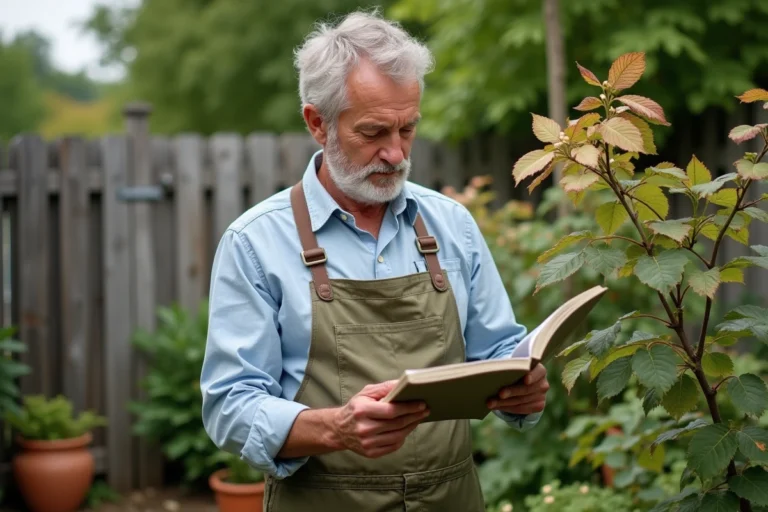 Homme examinant des feuilles de laurier rose dans son jardin