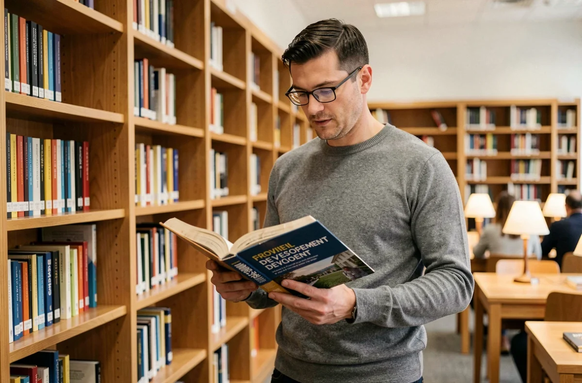 Homme adulte lisant un ouvrage de développement professionnel dans une bibliothèque moderne, incarnant l'apprentissage tout au long de la vie