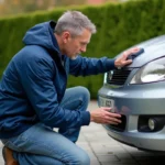 Homme appliquant un polish sur une voiture argentée en extérieur