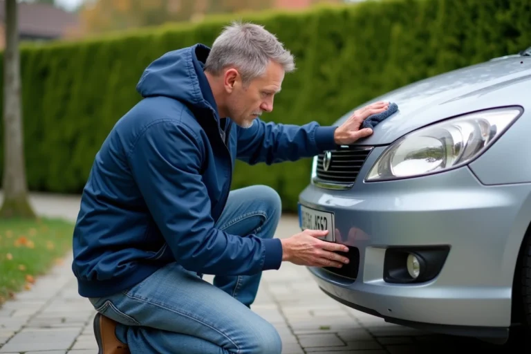 Homme appliquant un polish sur une voiture argentée en extérieur