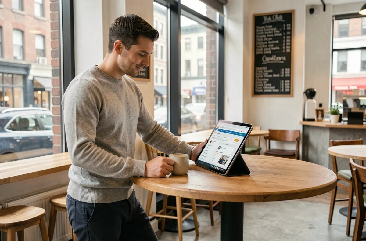 Homme parcourant des sites d'offres d'emploi sur une tablette dans un café urbain