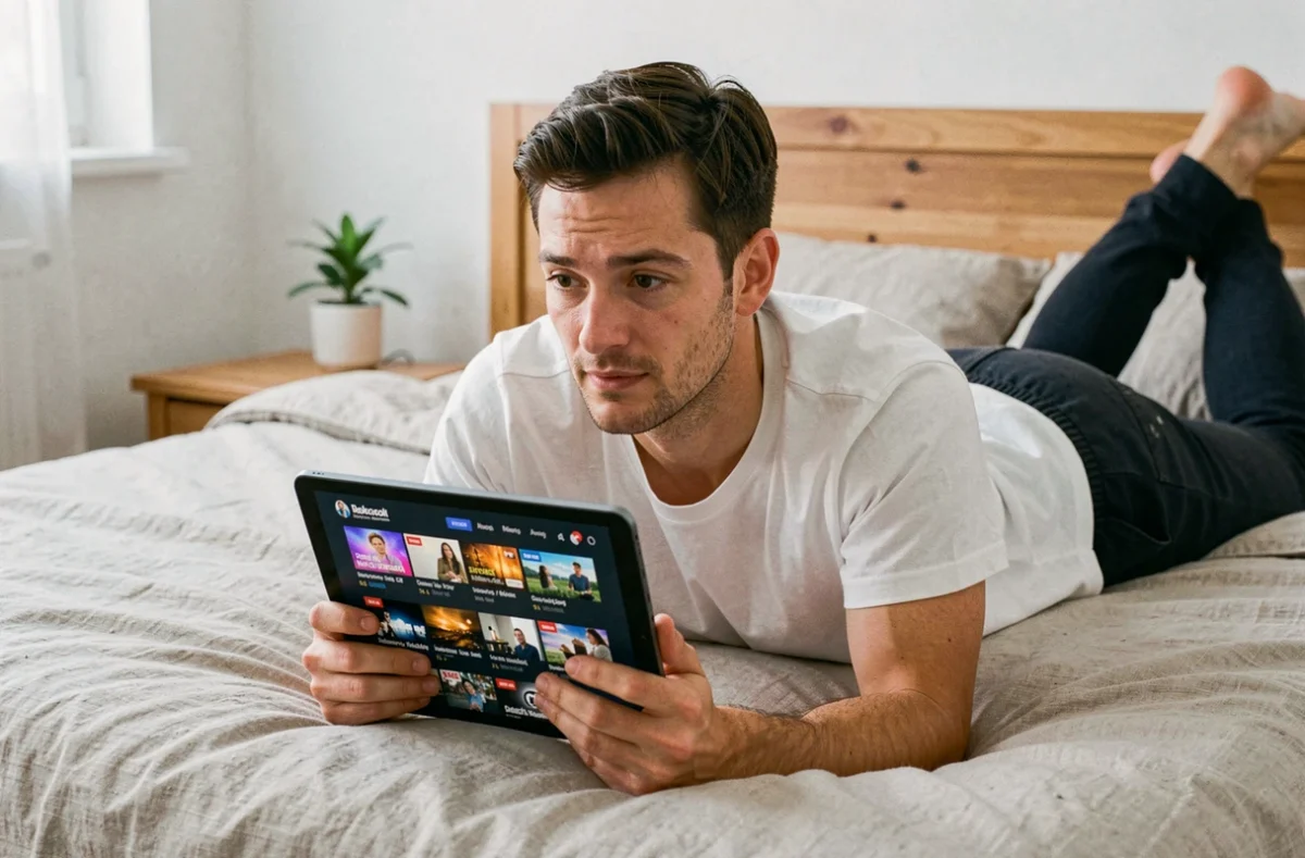 Homme allongé sur son lit choisissant un programme TV sur une tablette numérique