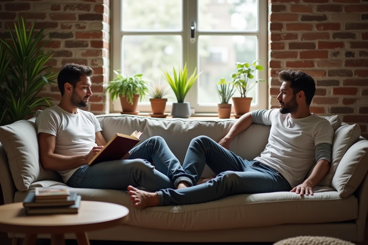 Deux hommes dans un appartement cosy, l'un lisant un livre et l'autre regardant par la fenêtre, image intimiste illustrant la vie privée d'un couple au quotidien
