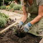 Femme jardinière transplantant un plant de lavande dans un parterre de jardin bien entretenu