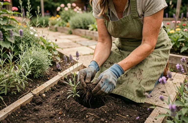 Femme jardinière transplantant un plant de lavande dans un parterre de jardin bien entretenu