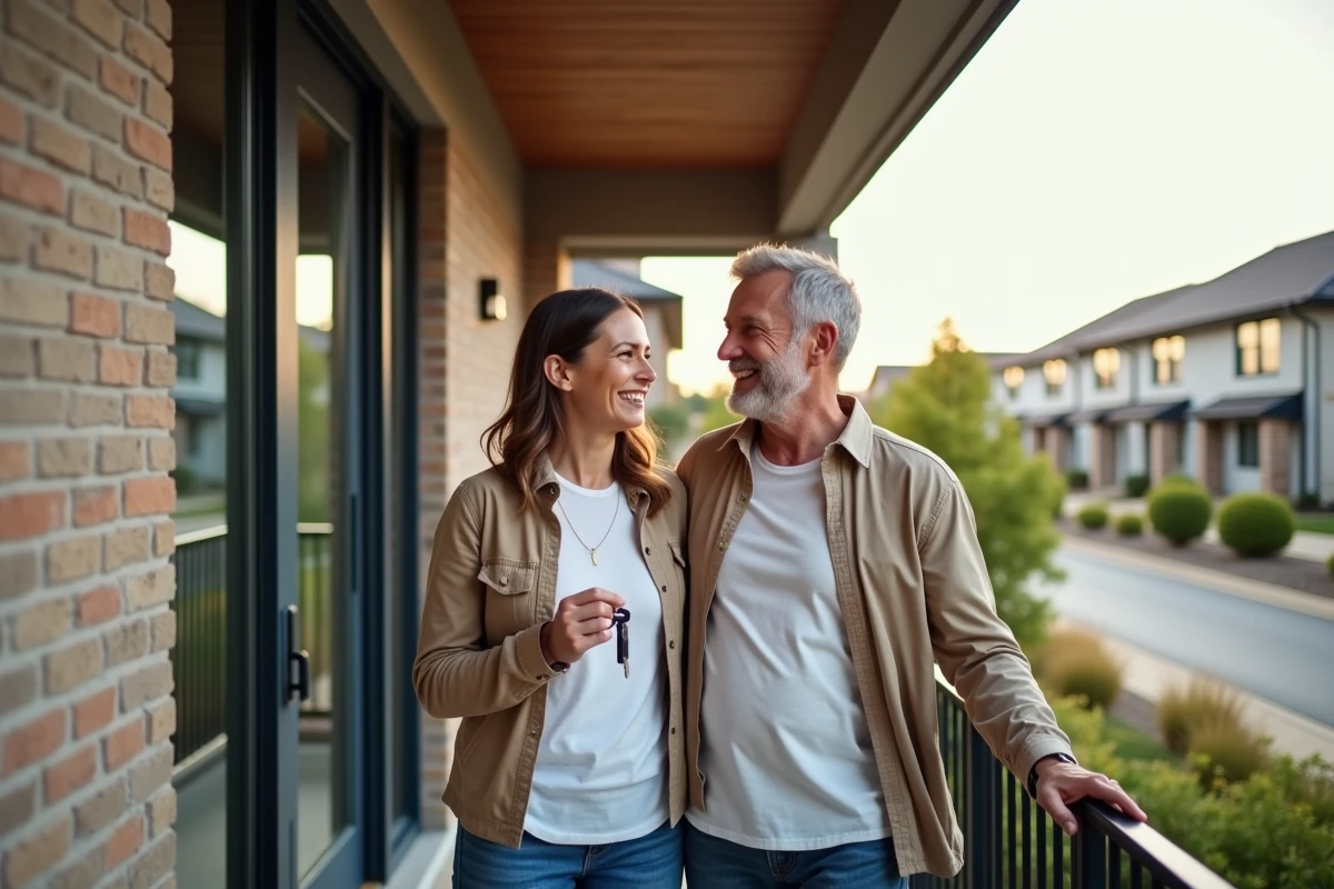 Couple souriant tenant des clés devant leur nouvelle maison