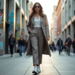 Jeune femme élégante en blazer à carreaux dans la ville