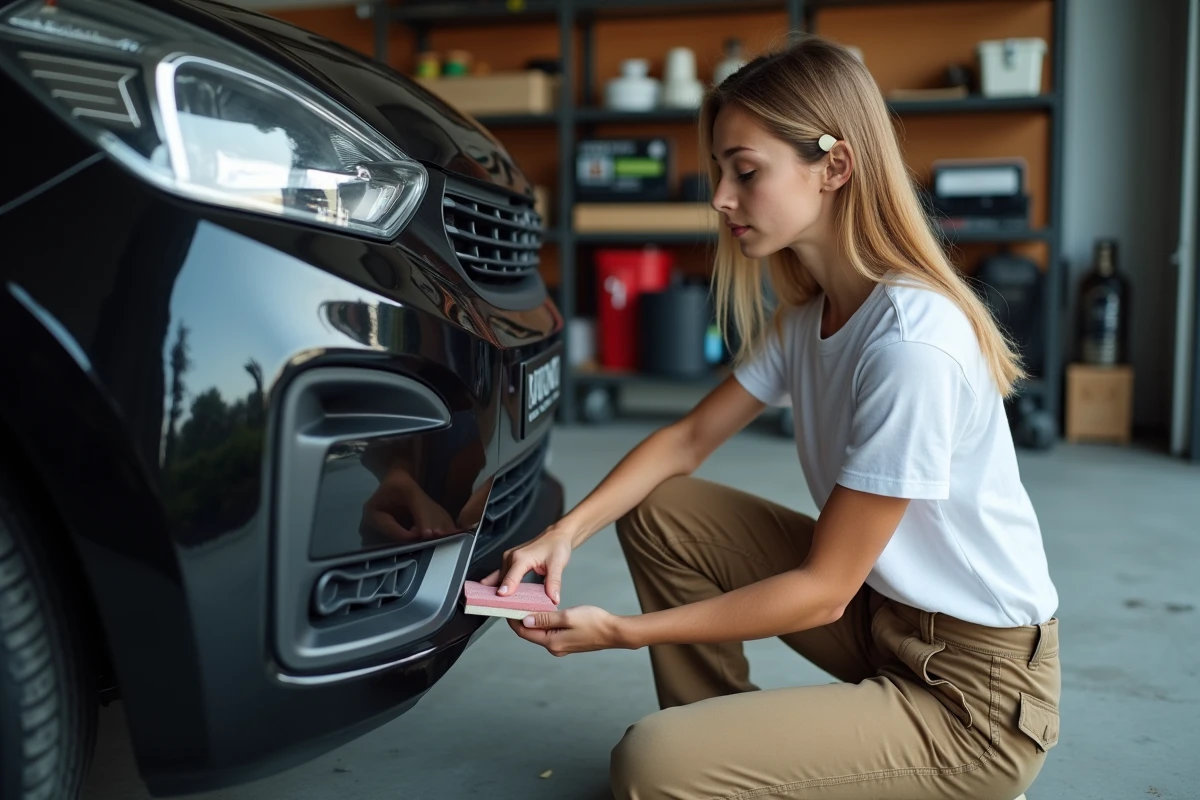 Jeune femme ponçant un pare-chocs en garage avec du papier abrasif