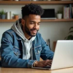 Jeune homme en denim et hoodie utilisant un laptop dans une cuisine moderne